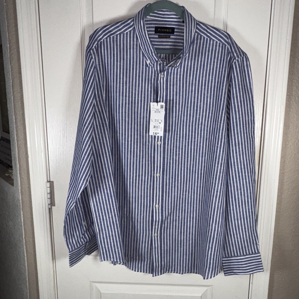 Piombo Men's XXL Button Down Shirt Blue/White Stripe Cotton Linen Italian Design